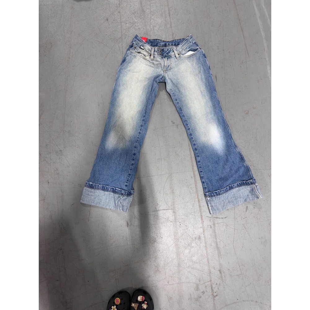 Damyller Low Rise Flare Jeans Light Wash Distressed Wide Cuff Denim Size 6